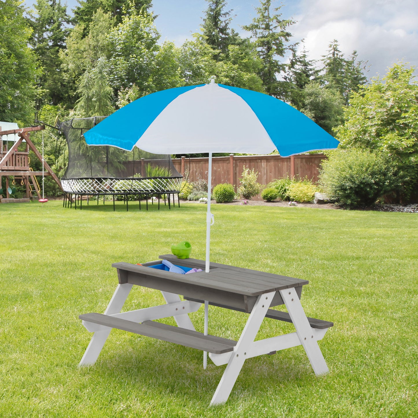 3-In-1 Kids Outdoor Wooden Picnic Table With Umbrella, Convertible Sand & Water, ASTM & CPSIA Certification - Gray