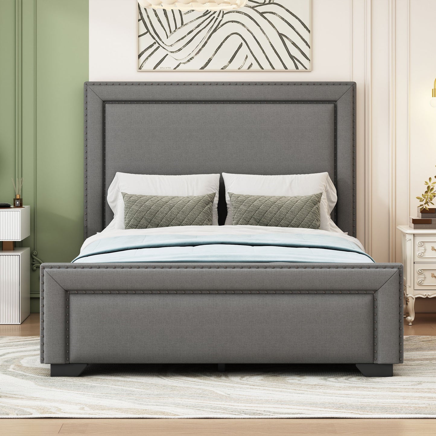 Queen Size Upholstered Bed With Slats Support, No Box Spring Needed - Gray