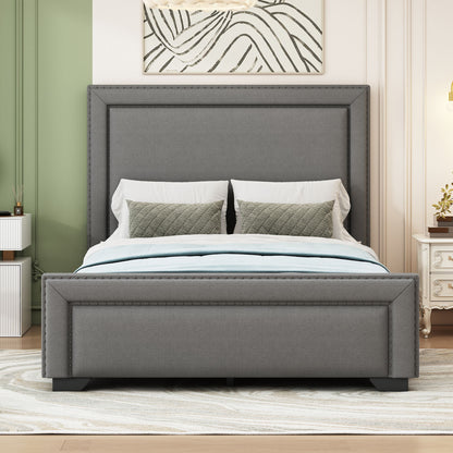 Queen Size Upholstered Bed With Slats Support, No Box Spring Needed - Gray