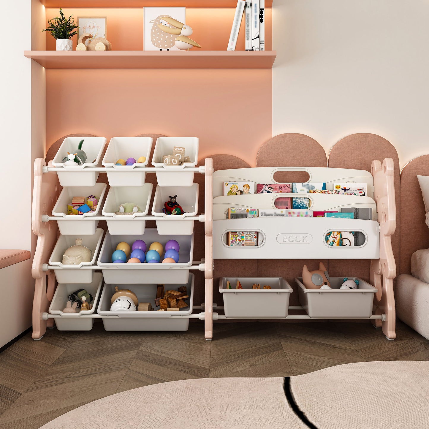 Kids Toy Storage Organizer With 2 Tier Bookshelf And 12 Toy Bins - Pink