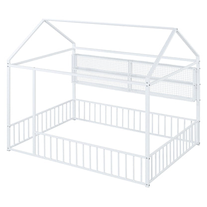 Full Size Bed House Frame With Fence And Shelves - White