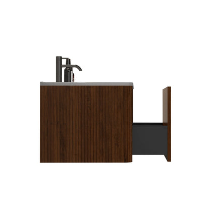 Etna - Striped Bathroom Vanity With Ceramic Sink, Wall Mounted Floating Bathroom Vanity For Modern Bathroom - White / Walnut