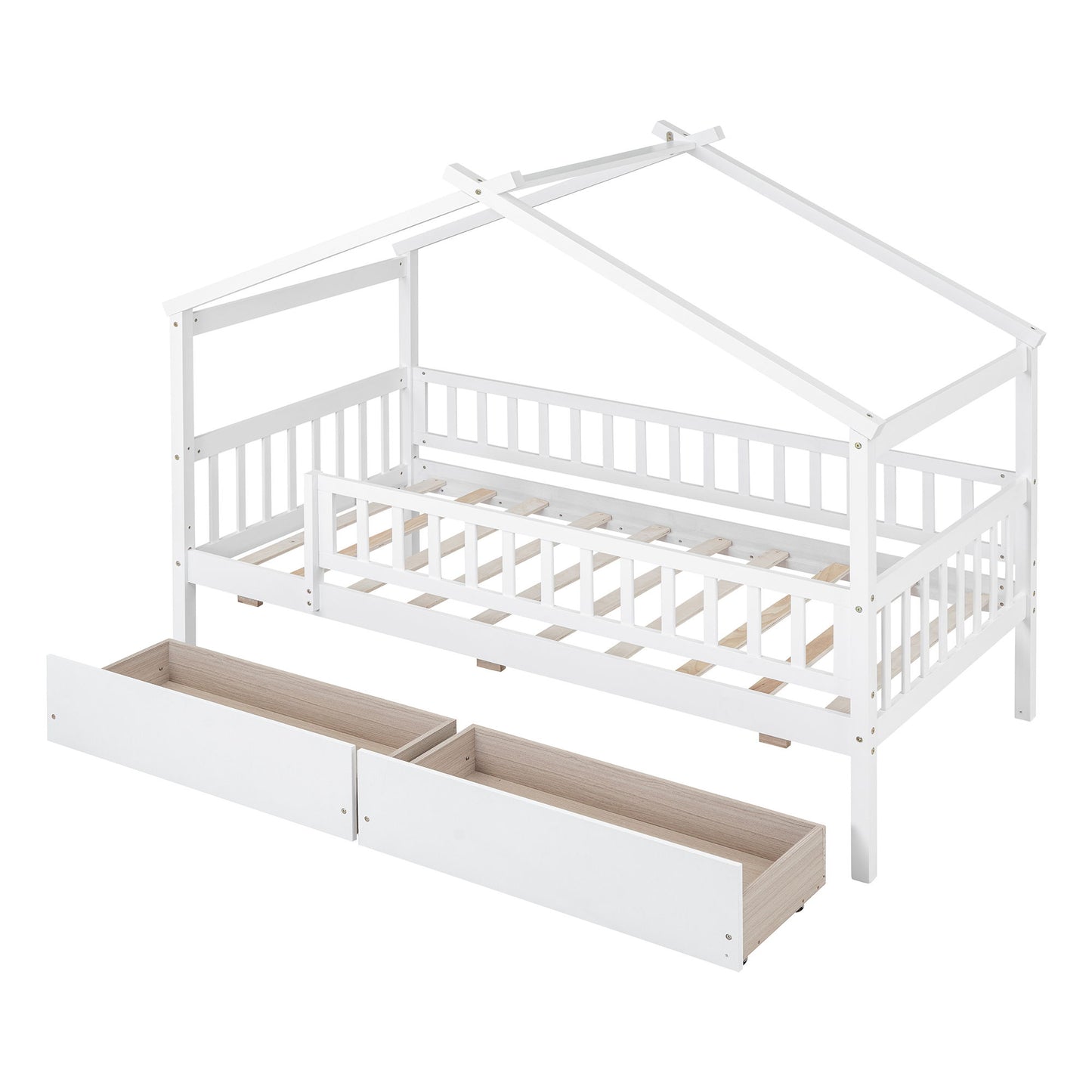 Twin Size House Bed With 2 Drawers - White