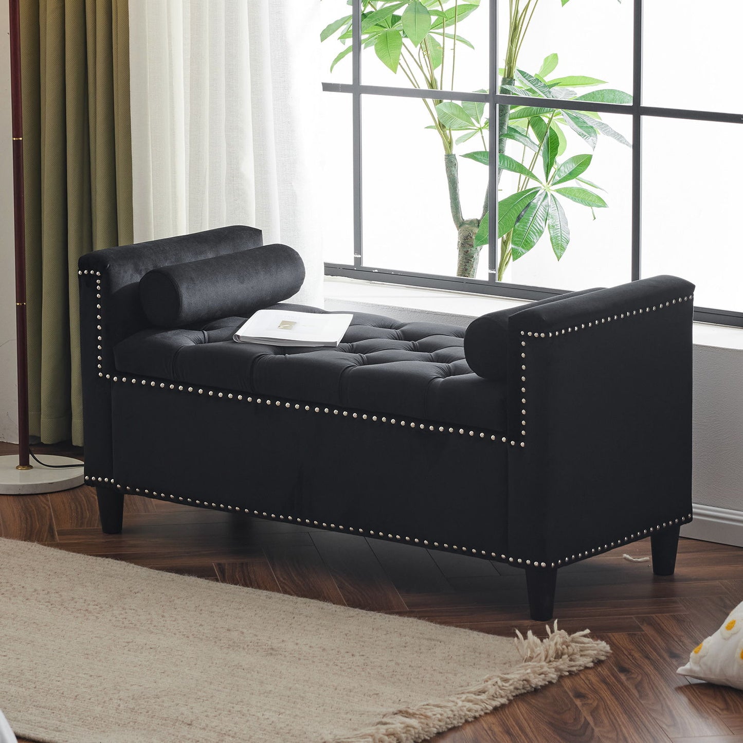 Storage Bench, Queen Velvet Button Bedside Bench, Entryway Living Room With Armrests, Nailhead Trim, Upholstered Bedroom Bench, Bedside Ottoman, Living Room, Entryway - Black
