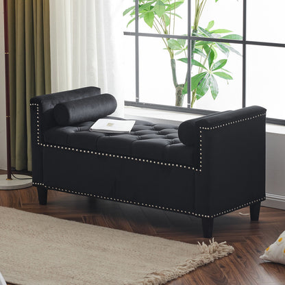 Storage Bench, Queen Velvet Button Bedside Bench, Entryway Living Room With Armrests, Nailhead Trim, Upholstered Bedroom Bench, Bedside Ottoman, Living Room, Entryway - Black