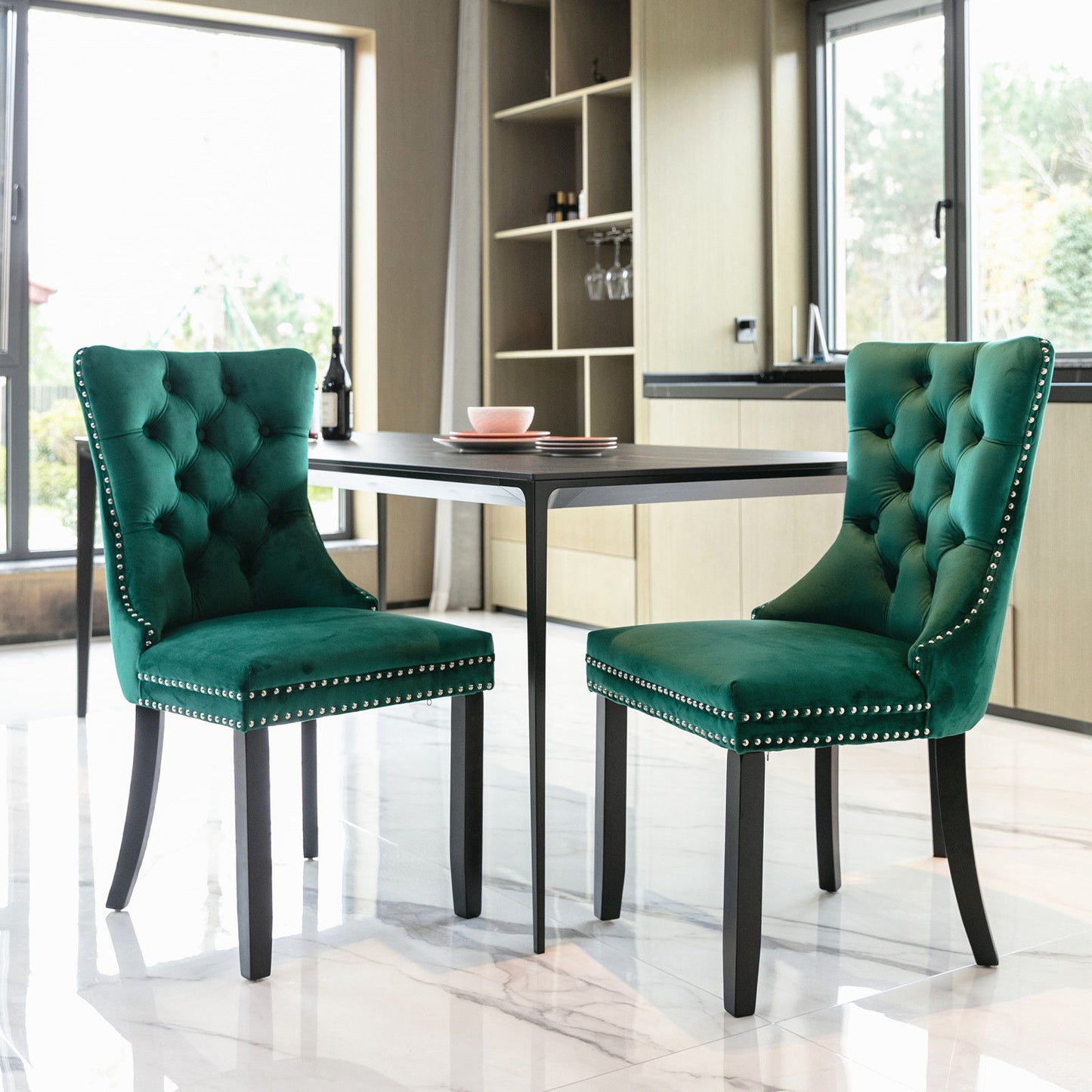 Nikki - Modern, High-End Tufted Solid Wood Contemporary Velvet Upholstered Dining Chair With Wood Legs Nailhead Trim (Set of 2) - Green