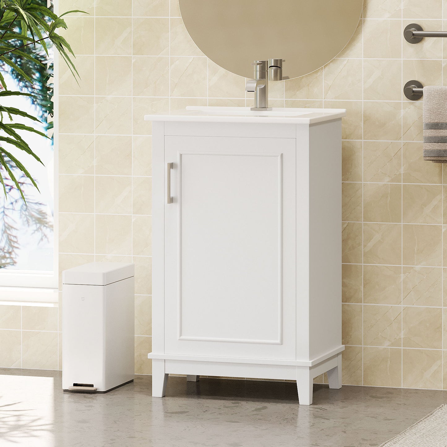 Modern Small Bathroom Vanity Cabinet With Ceramic Basin, Ample Storage, 1 Soft-Close Door - White
