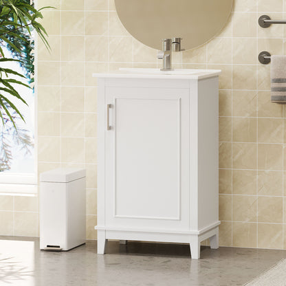 Modern Small Bathroom Vanity Cabinet With Ceramic Basin, Ample Storage, 1 Soft-Close Door - White