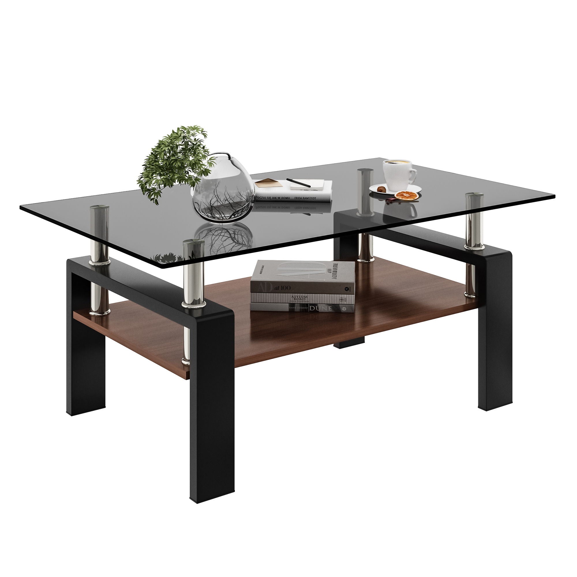 Modern Rectangular Coffee Table With Tempered Glass Top Layer - Gray