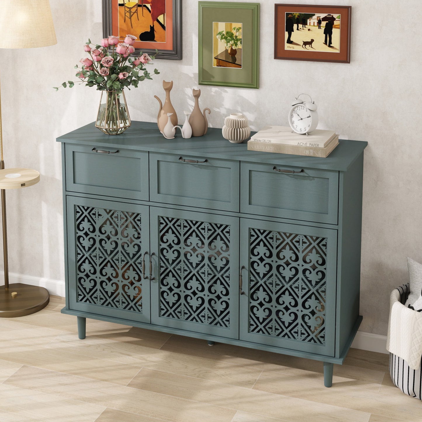 3 Door 3 Drawer Cabinet, American Furniture, Suitable For Bedroom, Living Room, Study - Dark Green