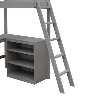 Twin Size Loft Bed With Shelves With Desk - Gray