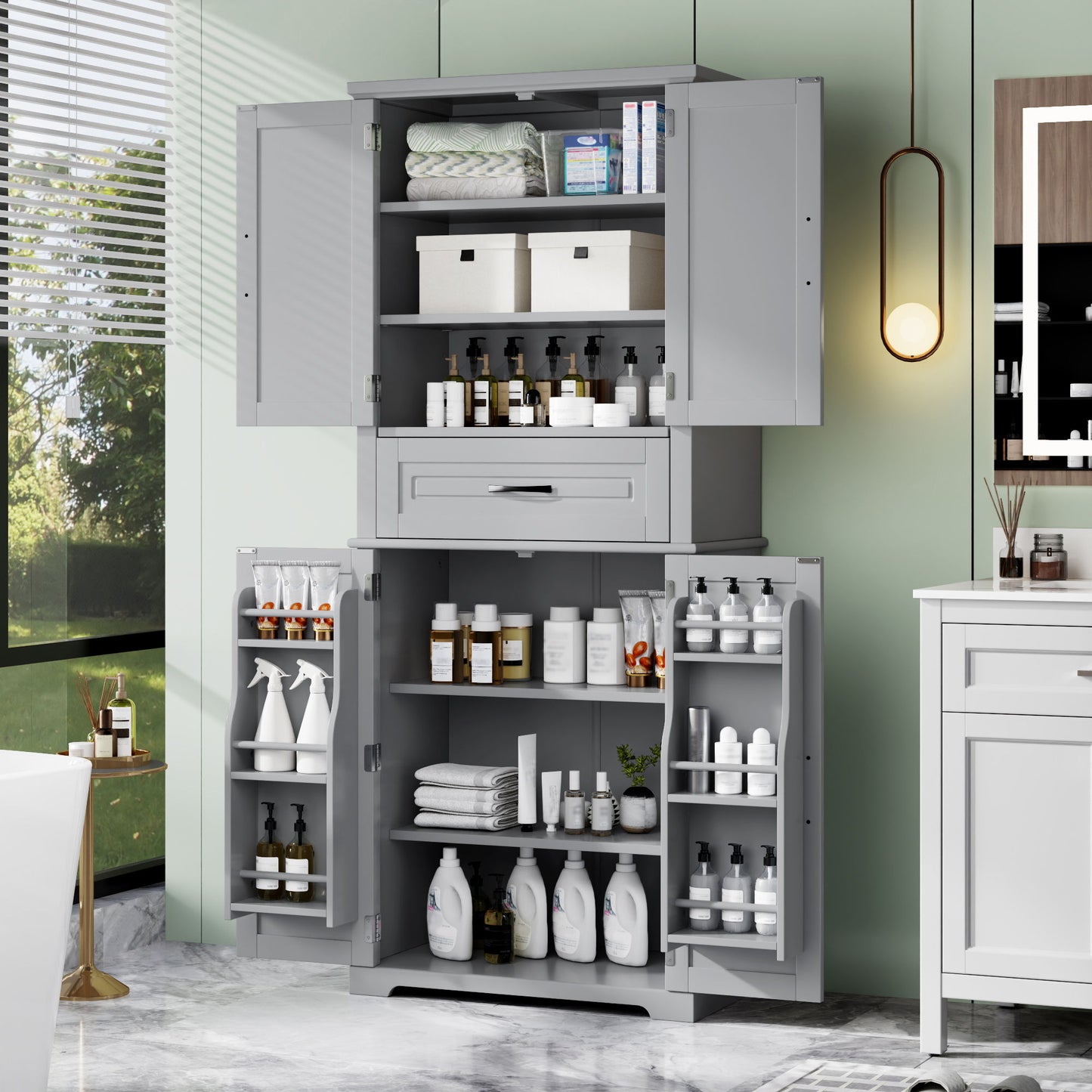 Bathroom Storage Cabinet With Multi Functional Storage Space, Material, Adjustable Shelf, Slide Rail Drawer - Gray