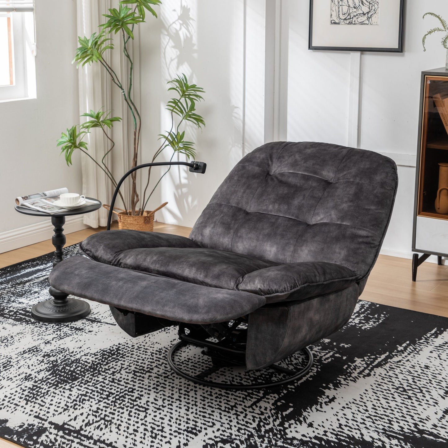 Modern Swivel Gliding Recliner Chair With Rocking Function And Phone Holder - Large Comfortable Reading Chair In Gold Stamped Velvet - Black
