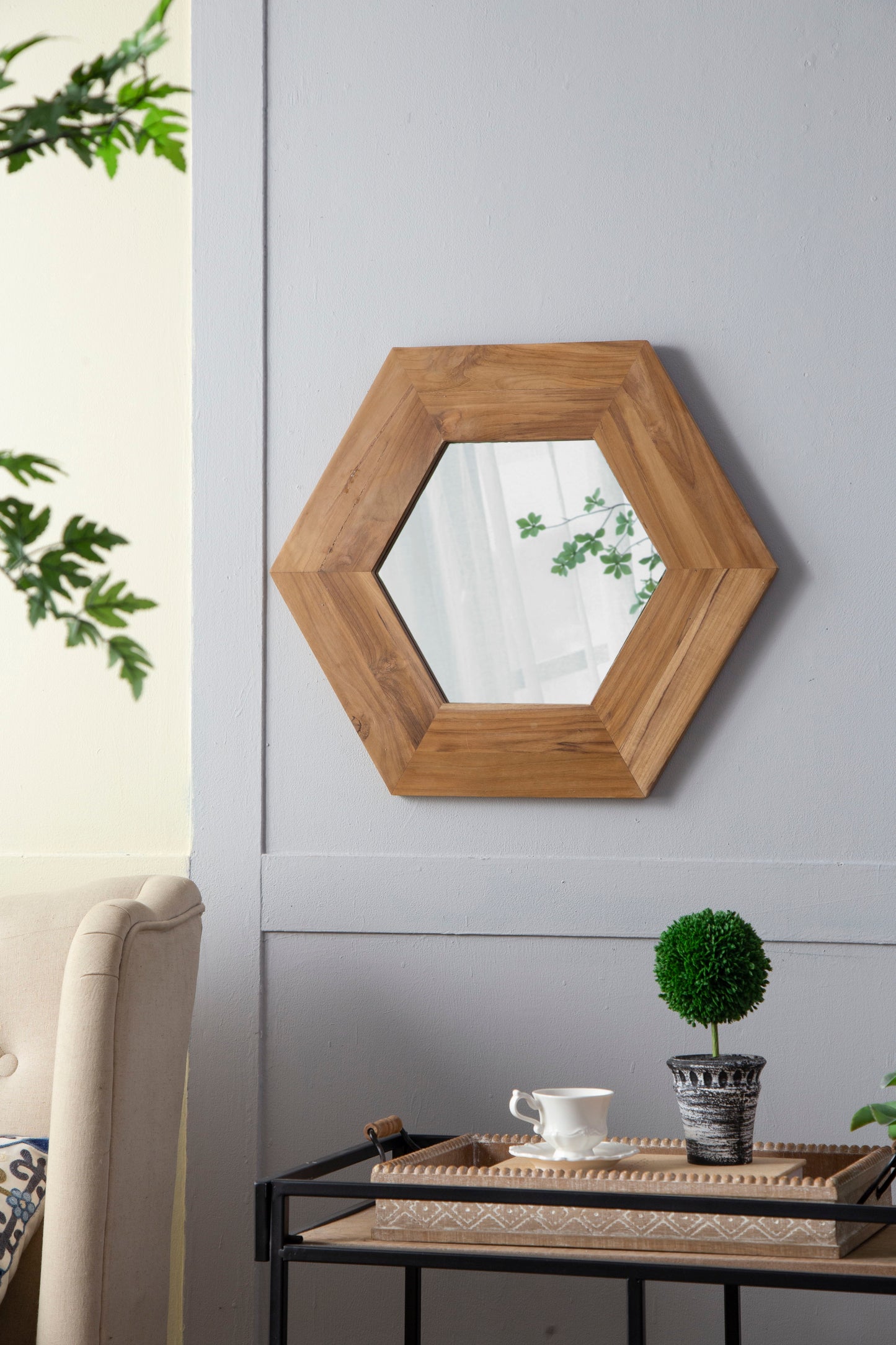 Hexagon Mirror With Natural Wood Frame, Wall Decor For Living Room Bathroom Hallway - Natural