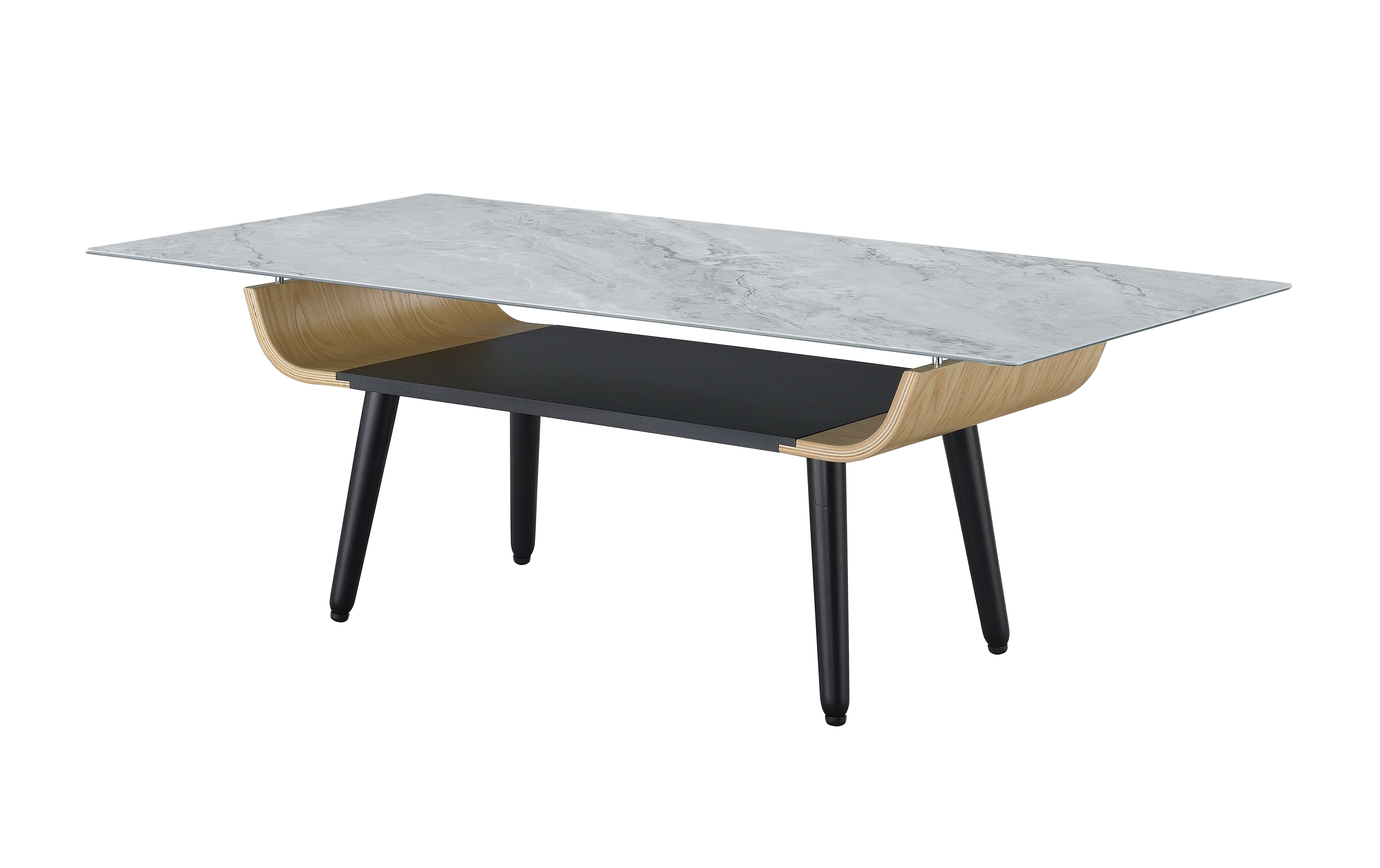 Landon - Coffee Table With Glass Marble Texture Top And Bent Wood Design - Gray