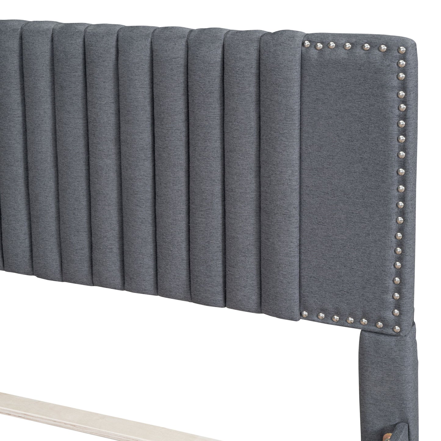 Full Size Upholstered Platform Bed With 2 Drawers And 1 Twin Size Trundle, Classic Headboard Design - Gray