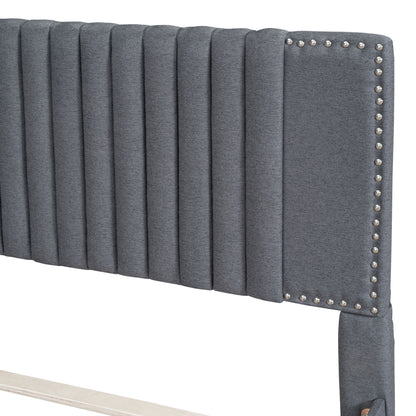 Full Size Upholstered Platform Bed With 2 Drawers And 1 Twin Size Trundle, Classic Headboard Design - Gray