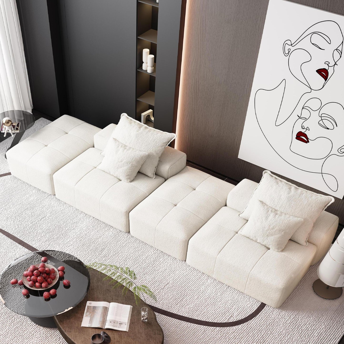 Modern Oversized Modular Sectional Sofa With 2 Ottoman And 2 Seat, Sparkling Chenille Fabric Soft Cushion Sofa With 4 Pillows, 4 Pieces Diy Combination Tufted Sofa, No Assembly Required - Beige