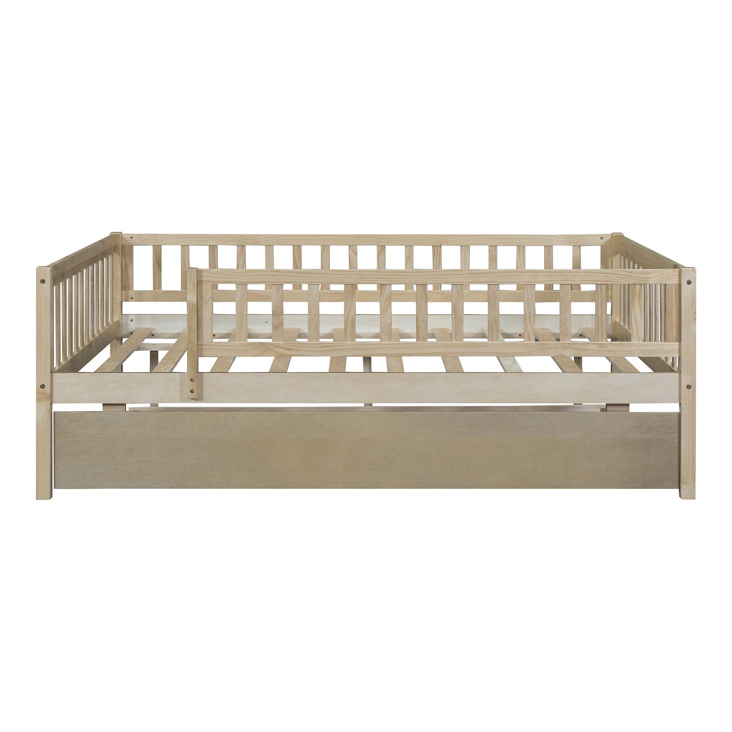 Full Size Daybed With Trundle And Fence Guardrails - Natural