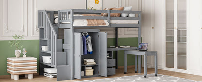 Twin Size Loft Bed With Stairs, Bookshelf, Drawers, Desk & Wardrobe, Space Saving Multifunctional Furniture - Gray