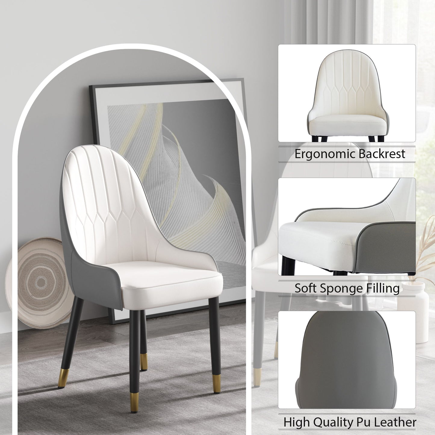 Modern Sponge-Filled Dining Chair, Solid Wood Metal Legs, Suitable For Restaurants, Living Rooms And Rooms (Set of 2) - White / Gray