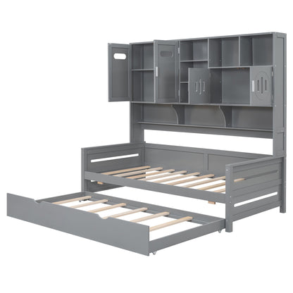 Twin Size Daybed With Twin Size Trundle, And All In One Cabinet And Shelf - Gray