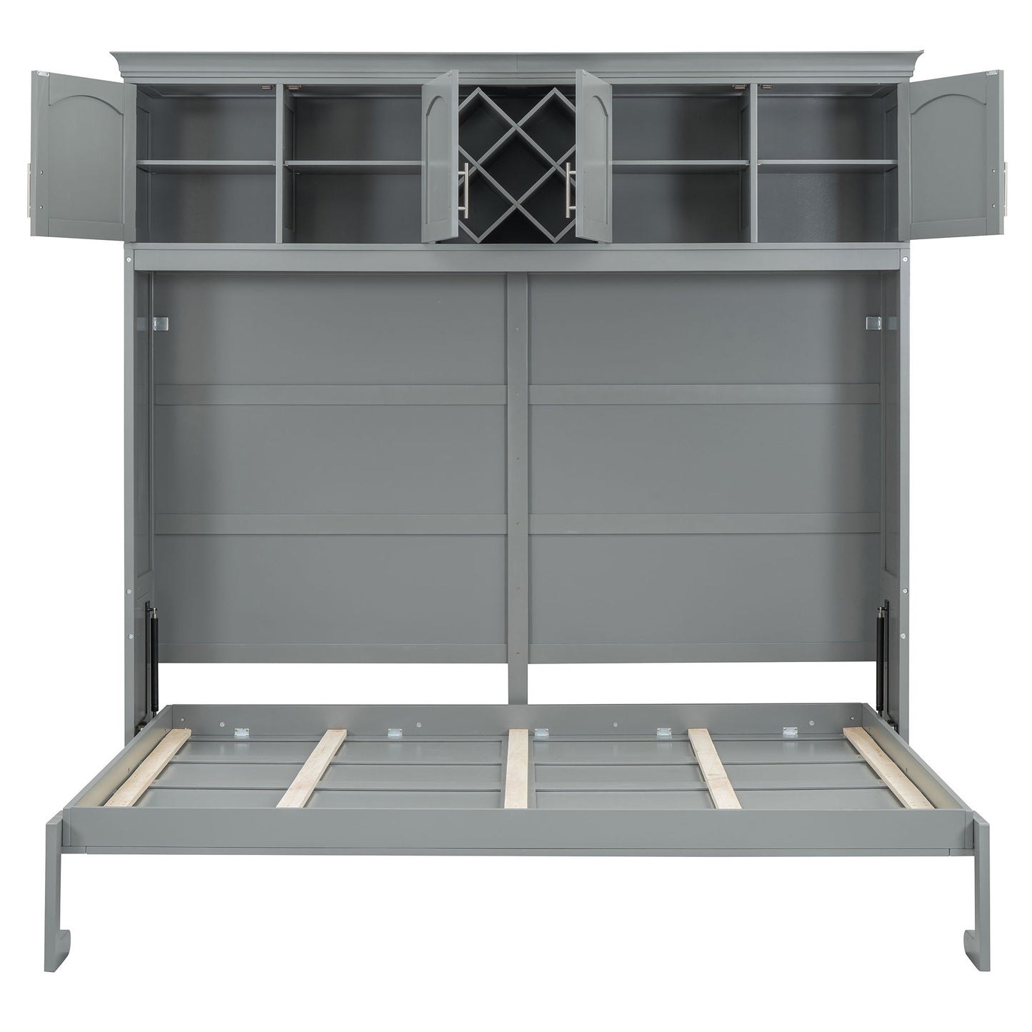 Queen Size Murphy Wall Bed With Top Cabinets & Wine Rack - Gray