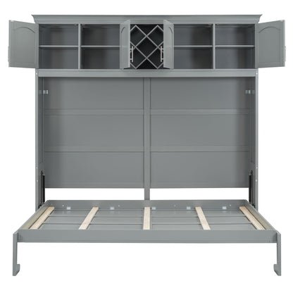 Queen Size Murphy Wall Bed With Top Cabinets & Wine Rack - Gray