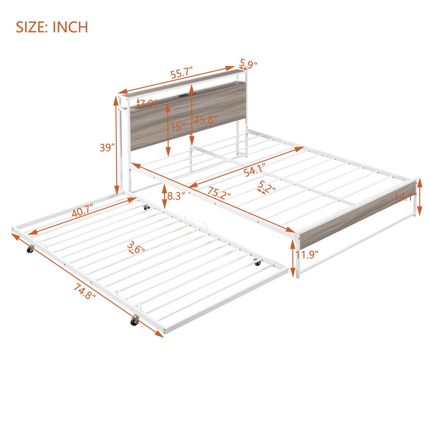 Full Size Platform Bed Frame With Trundle, USB Ports And Slat Support, No Box Spring Needed - White