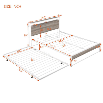 Full Size Platform Bed Frame With Trundle, USB Ports And Slat Support, No Box Spring Needed - White