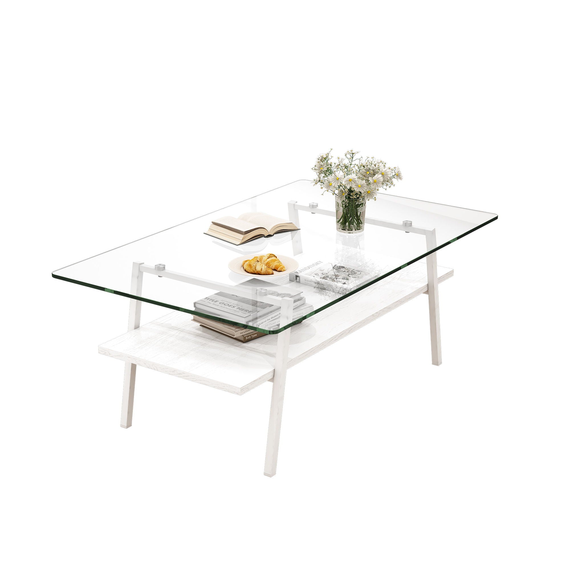Rectangle Coffee Table, Tempered Glass Tabletop With Metal Legs, Modern Table For Living Room - Transparent / White