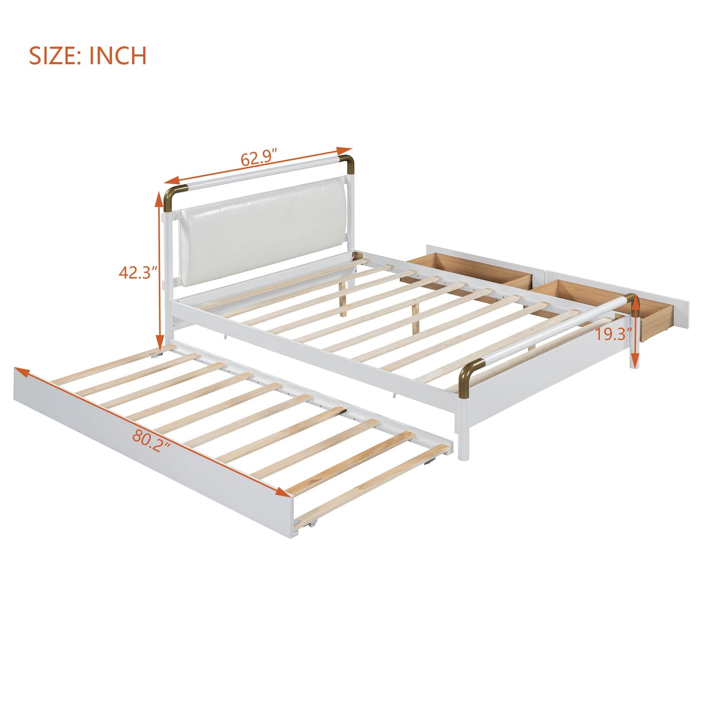 Queen Size Storage Platform Bed, With 2 Big Drawers, Twin Long Size Trundle - White