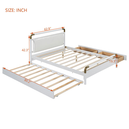 Queen Size Storage Platform Bed, With 2 Big Drawers, Twin Long Size Trundle - White