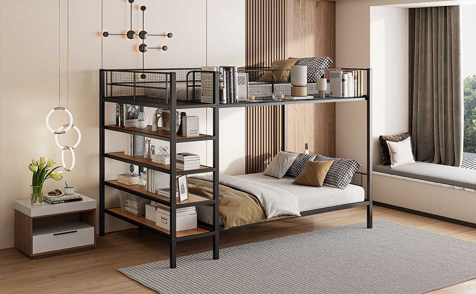 Twin Over Full Bunk Bed With 5 Tier Shelves - Black