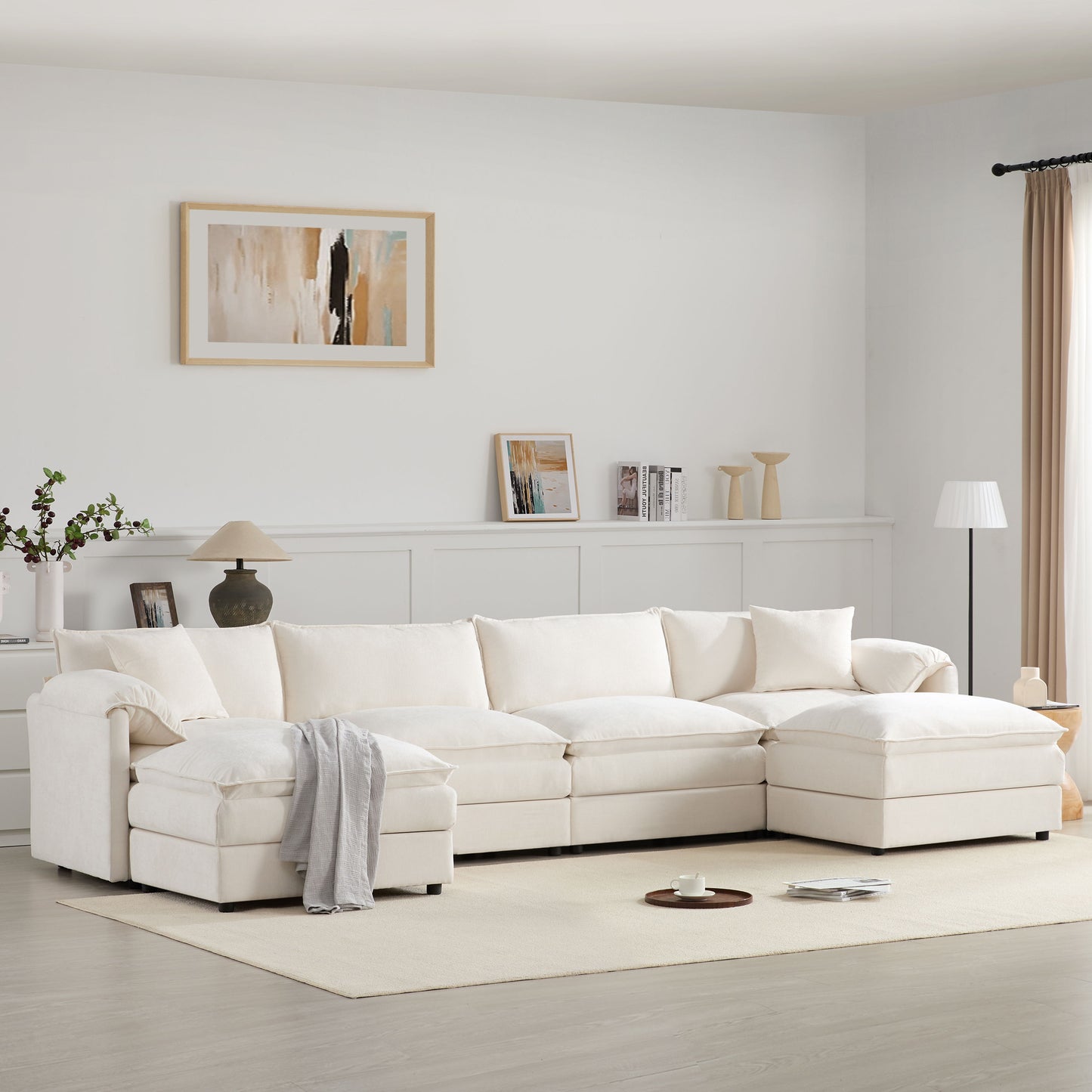 Modular Sectional With Deep And Wide Seat, U Shaped Cloud Couch Set With Double Cushions 6 Seat Sofa With Movable Ottomans Oversized - Cream