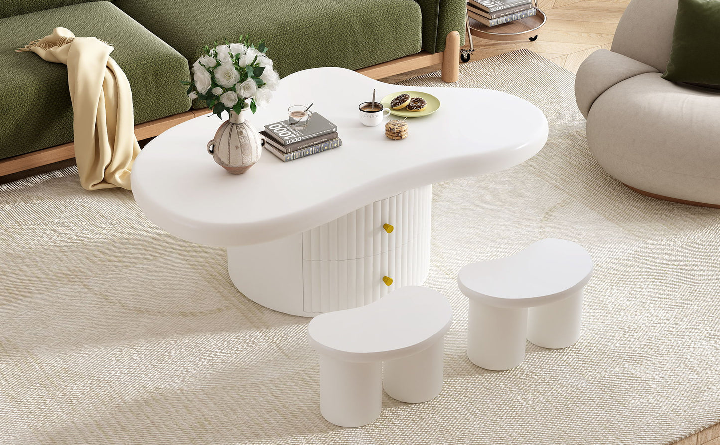 Cloud - Coffee Table (Set of 3), Irregular Shape Coffee Table With 2 Drawers, 2 Small Stools For Living Room - White