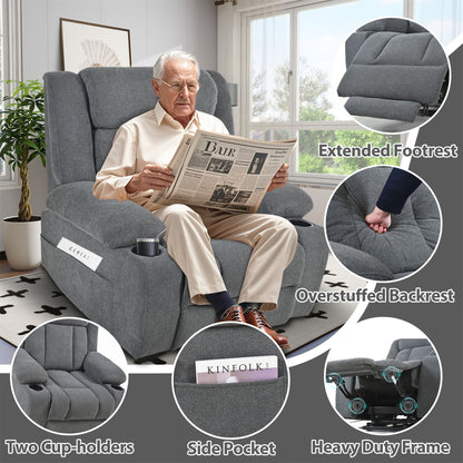 Power Lift Recliner Chair - Fabric Single Sofa With Extended Footrest, Remote Control, Cup Holders, And Side Pockets For Living Room Or Home Theater - Dark Gray
