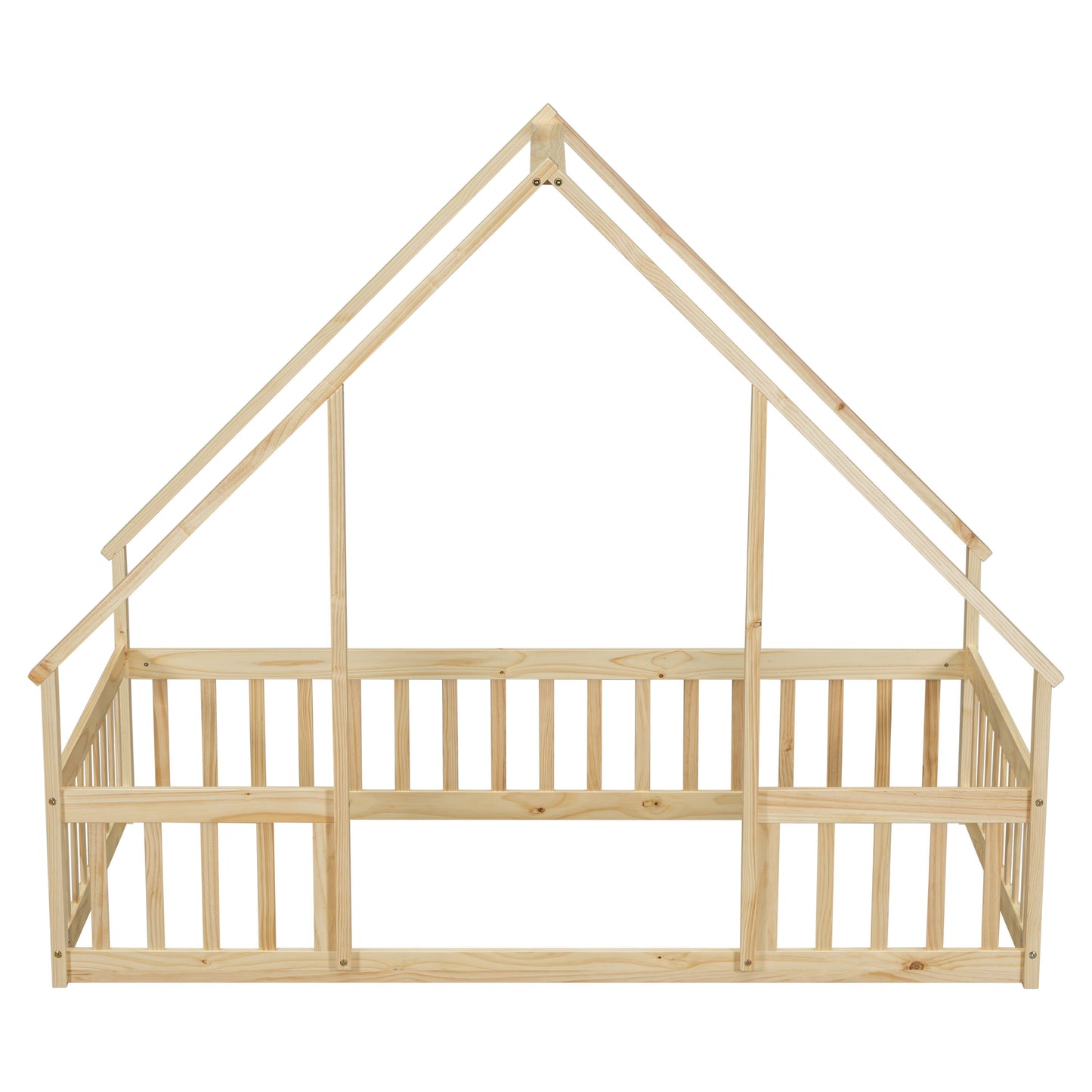 Twin Wood House-Shaped Floor Bed With Fence, Guardrails - Natural