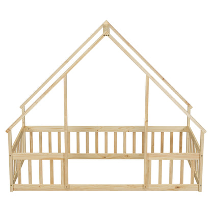 Twin Wood House-Shaped Floor Bed With Fence, Guardrails - Natural