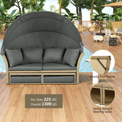 Outdoor Patio Daybed Wicker Rattan Double Daybed Round Sofa Furniture Set With Retractable Canopy, 4 Pillows For Lawn Garden Backyard Porch Pool - Gray