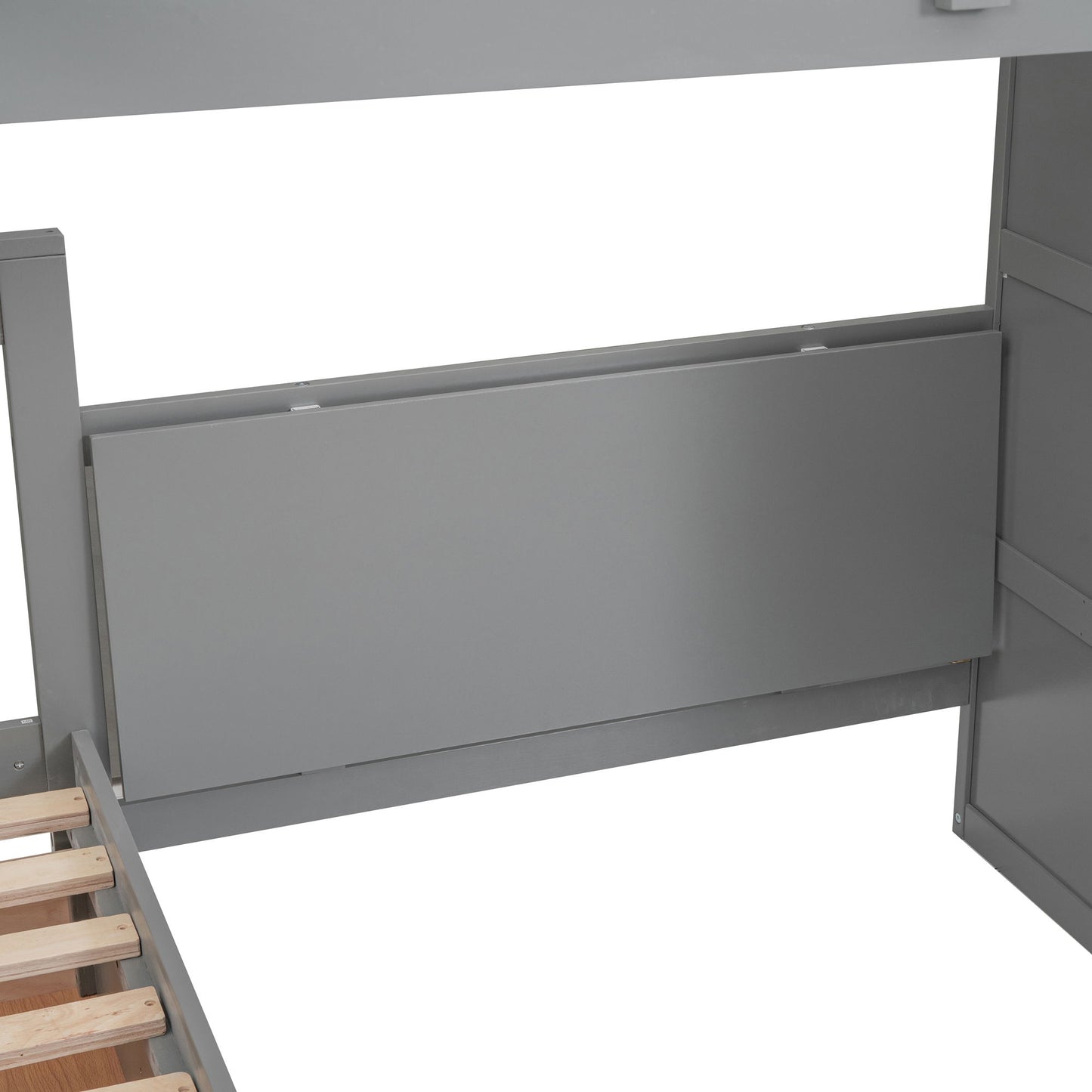 Twin Twin Over Full L Shaped Bunk Bed With 3 Drawers, Portable Desk And Wardrobe - Gray