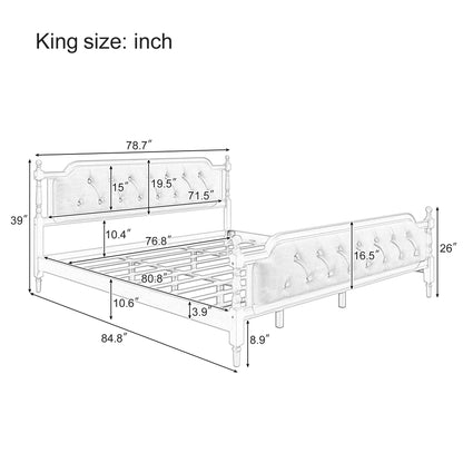 King Size Traditional Style Solid Bed Frame With Upholstered Tufted Headboard, No Box Spring Needed - Walnut