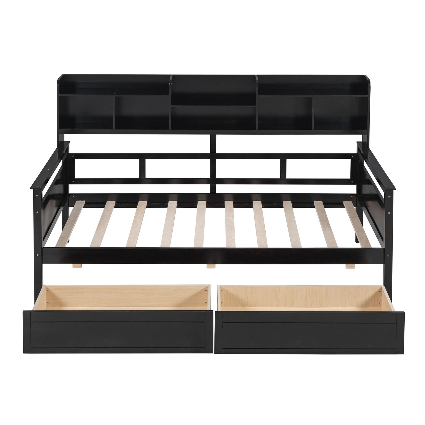 Twin Size Daybed, Slat Support, With Bedside Shelves And 2 Drawers - Espresso