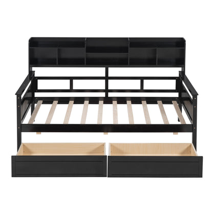 Twin Size Daybed, Slat Support, With Bedside Shelves And 2 Drawers - Espresso