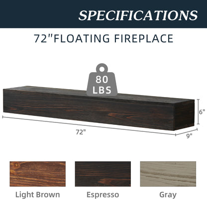 72" Rustic Wood Fireplace Mantel, Wall-Mounted & Floating Shelf For Home Decor - Espresso