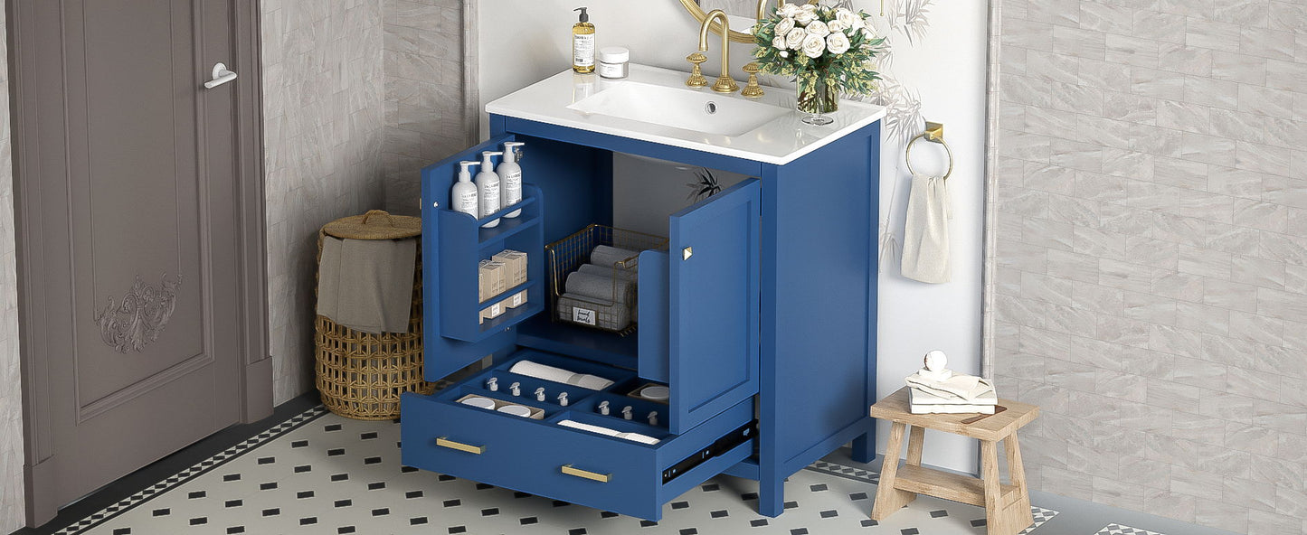 Bathroom Vanity With Single Sink, Combo Cabinet Undermount Sink, Bathroom Storage Cabinet With 2 Doors And A Drawer, Soft Closing, Multifunctional Storage, Solid Wood Frame - Blue