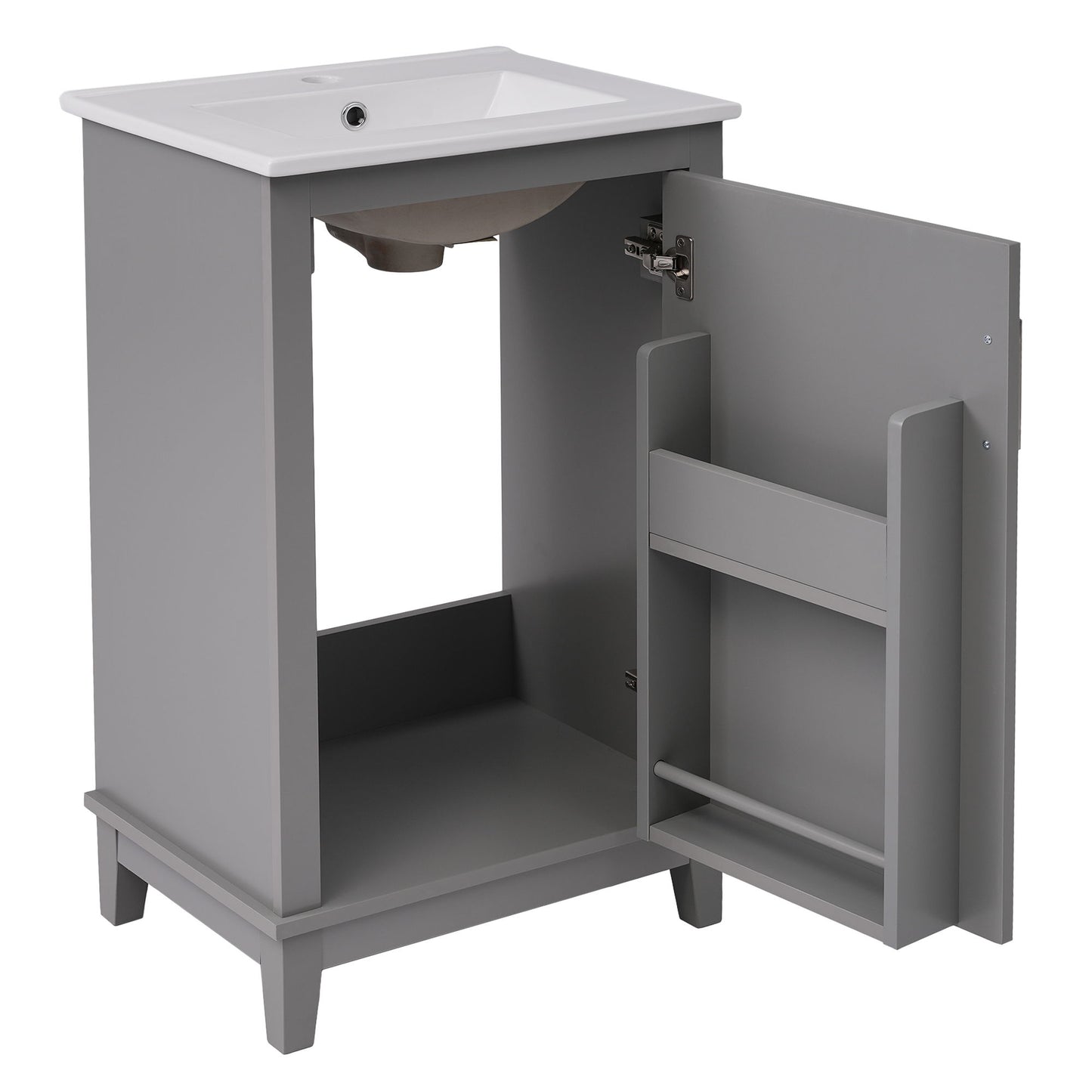 Modern Small Bathroom Vanity Cabinet With Ceramic Basin, Ample Storage, 1 Soft-Close Door - Gray
