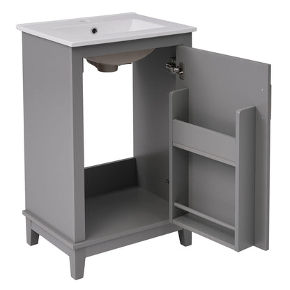 Modern Small Bathroom Vanity Cabinet With Ceramic Basin, Ample Storage, 1 Soft-Close Door - Gray