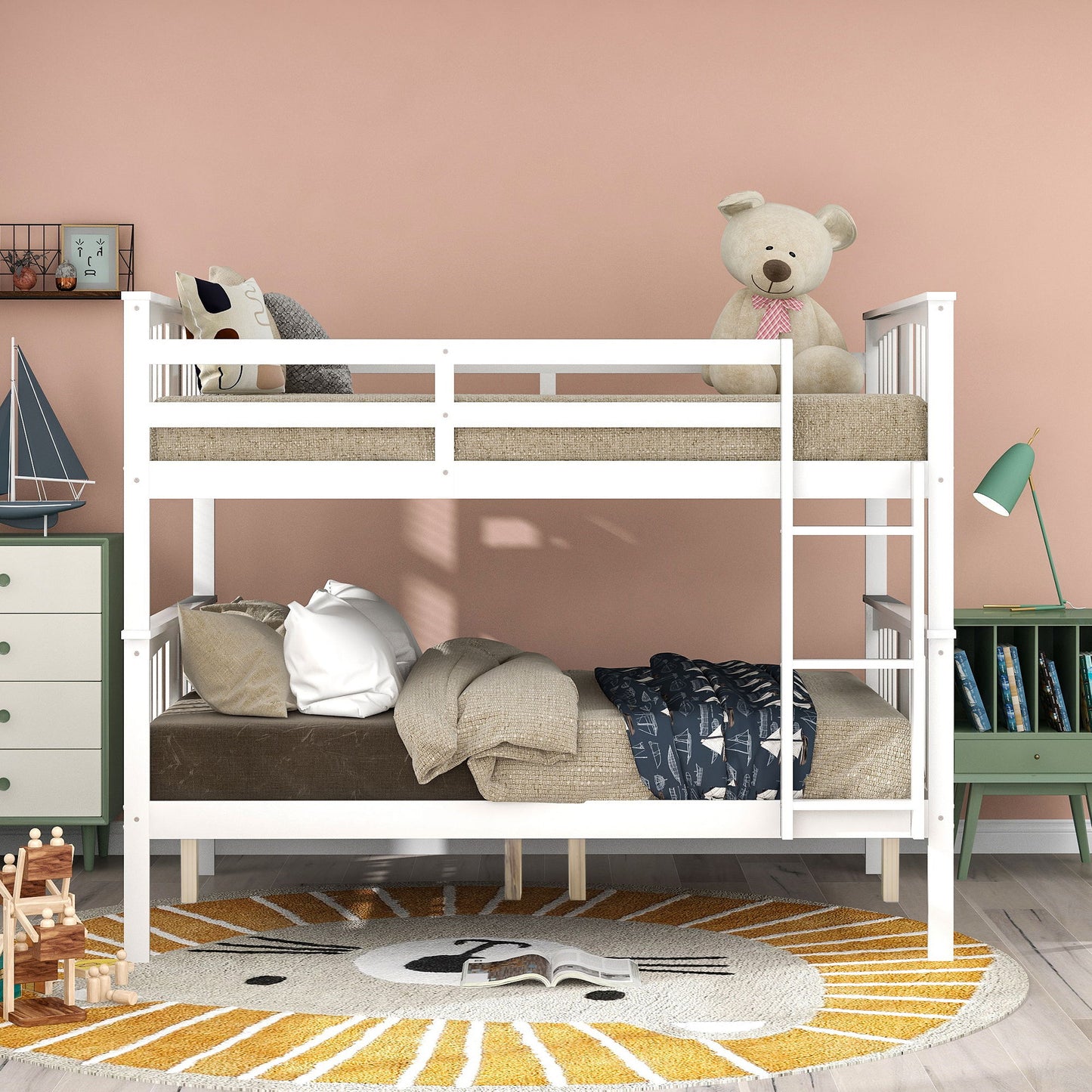 Full Over Full Bunk Bed With Ladder For Bedroom - White
