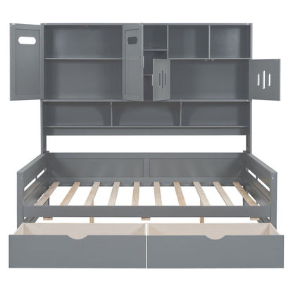 Full Size Daybed With 2 Drawers And All In One Cabinet And Shelf - Gray